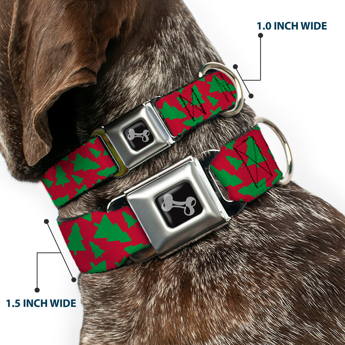 Dog Bone Black/Silver Seatbelt Buckle Collar - Holiday Cookie Cutter Christmas Tree Scattered Red/Green Dog Collars Seatbelt Buckle Buckle-Down