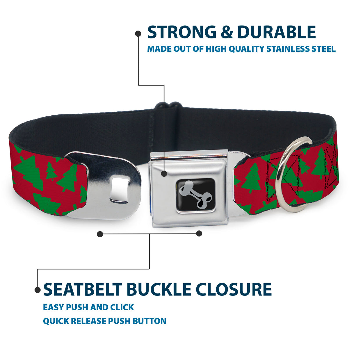 Dog Bone Black/Silver Seatbelt Buckle Collar - Holiday Cookie Cutter Christmas Tree Scattered Red/Green Dog Collars Seatbelt Buckle Buckle-Down