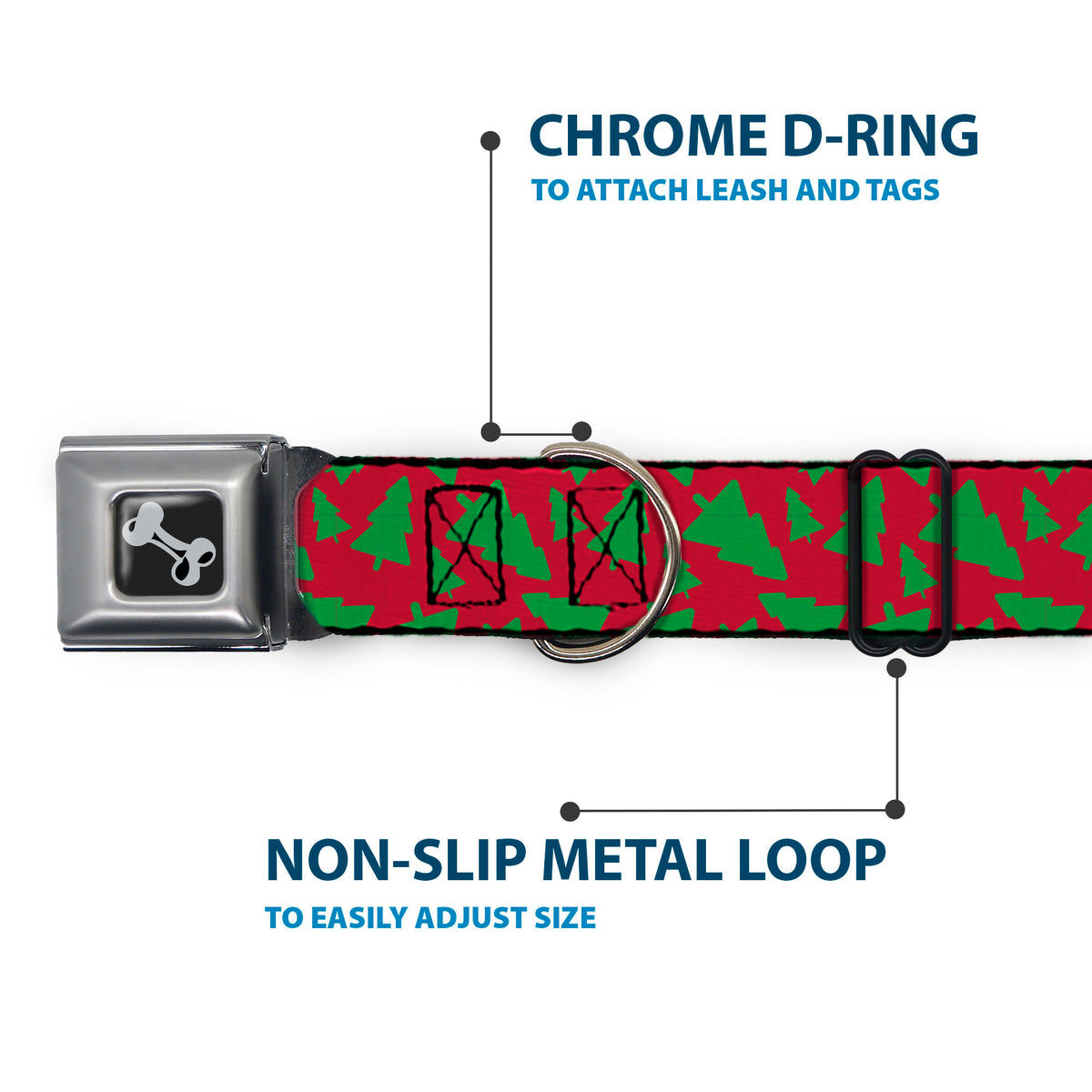 Dog Bone Black/Silver Seatbelt Buckle Collar - Holiday Cookie Cutter Christmas Tree Scattered Red/Green Dog Collars Seatbelt Buckle Buckle-Down