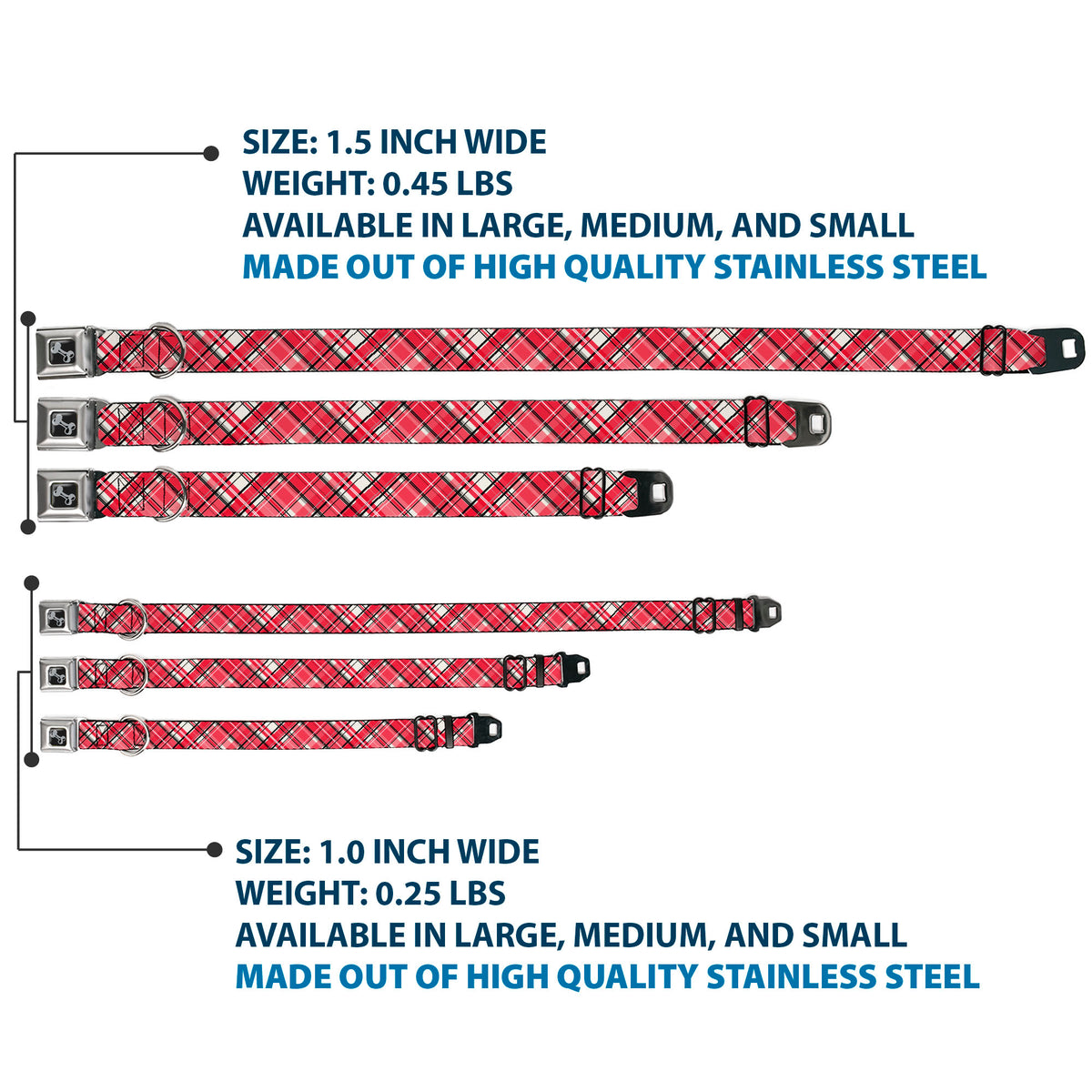 Dog Bone Black/Silver Seatbelt Buckle Collar - Holiday Christmas Plaid Diagonal White/Red/Black Dog Collars Seatbelt Buckle Buckle-Down