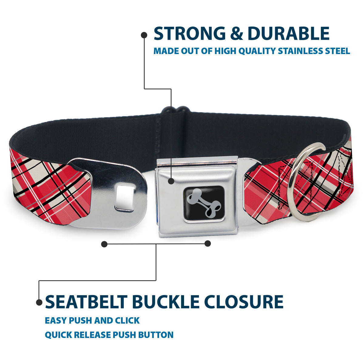 Dog Bone Black/Silver Seatbelt Buckle Collar - Holiday Christmas Plaid Diagonal White/Red/Black Dog Collars Seatbelt Buckle Buckle-Down