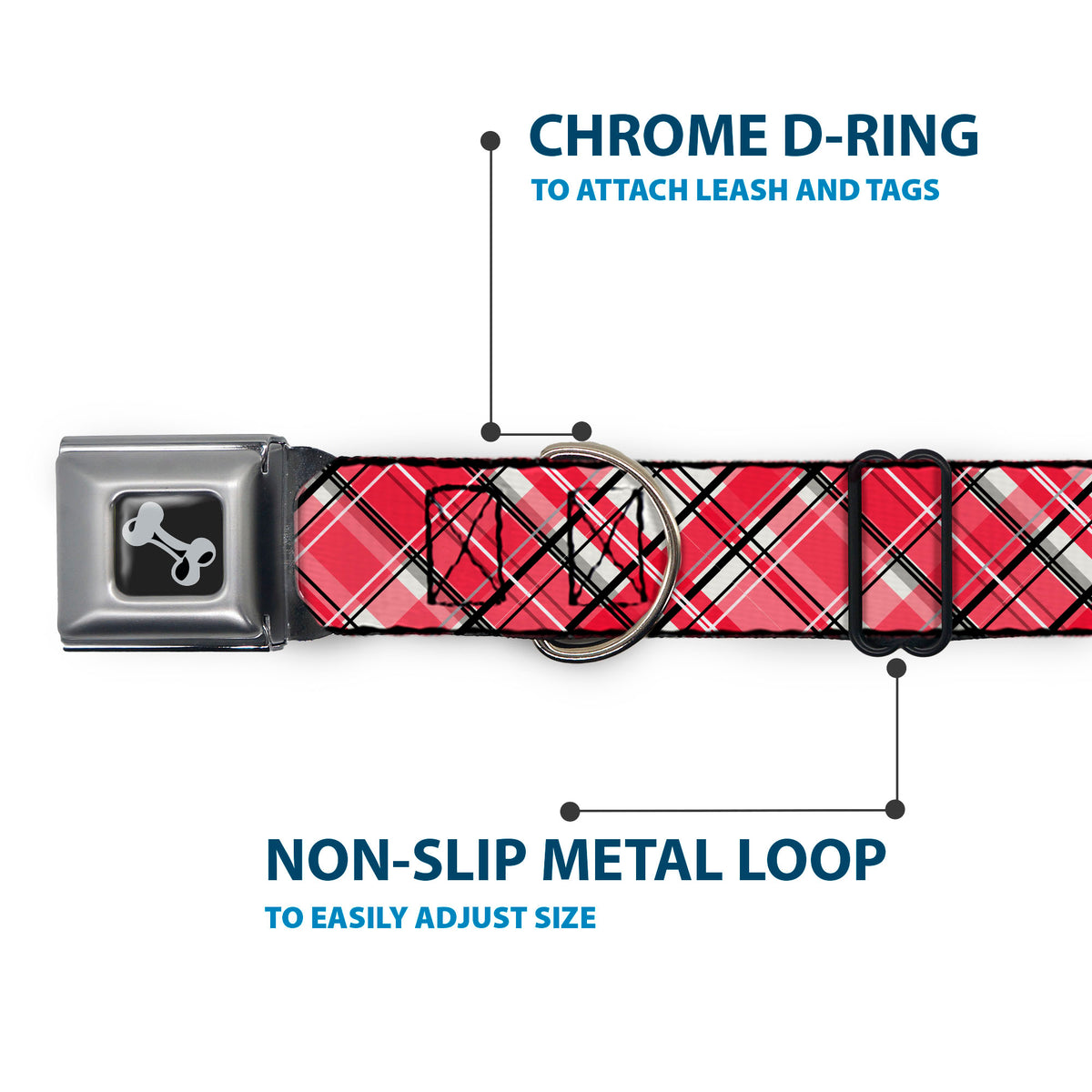 Dog Bone Black/Silver Seatbelt Buckle Collar - Holiday Christmas Plaid Diagonal White/Red/Black Dog Collars Seatbelt Buckle Buckle-Down