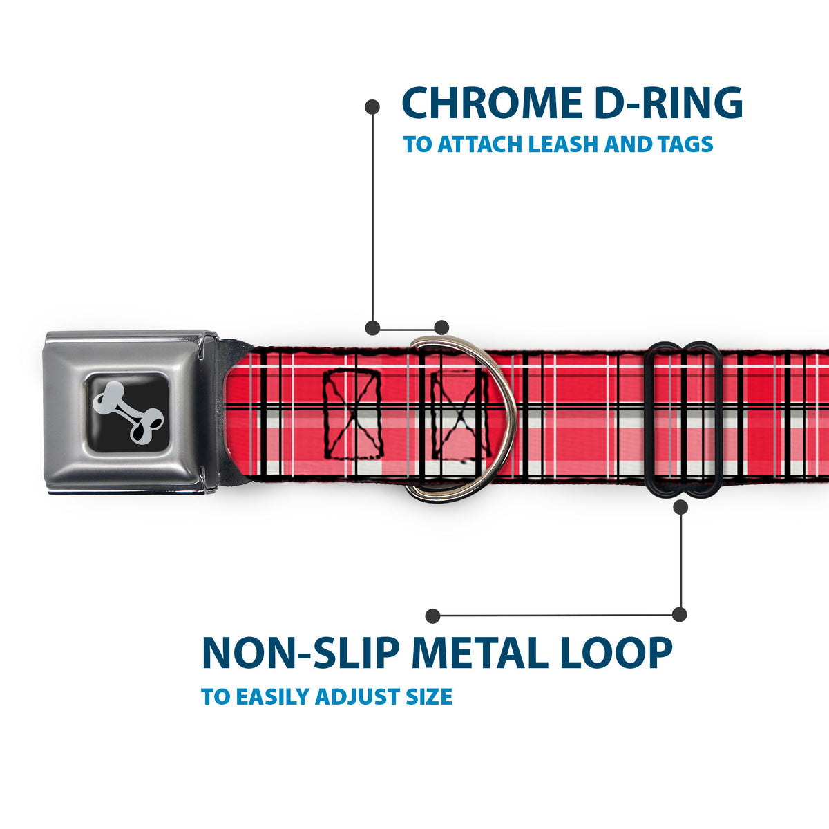 Dog Bone Black/Silver Seatbelt Buckle Collar - Holiday Christmas Plaid Red/White/Black Dog Collars Seatbelt Buckle Buckle-Down