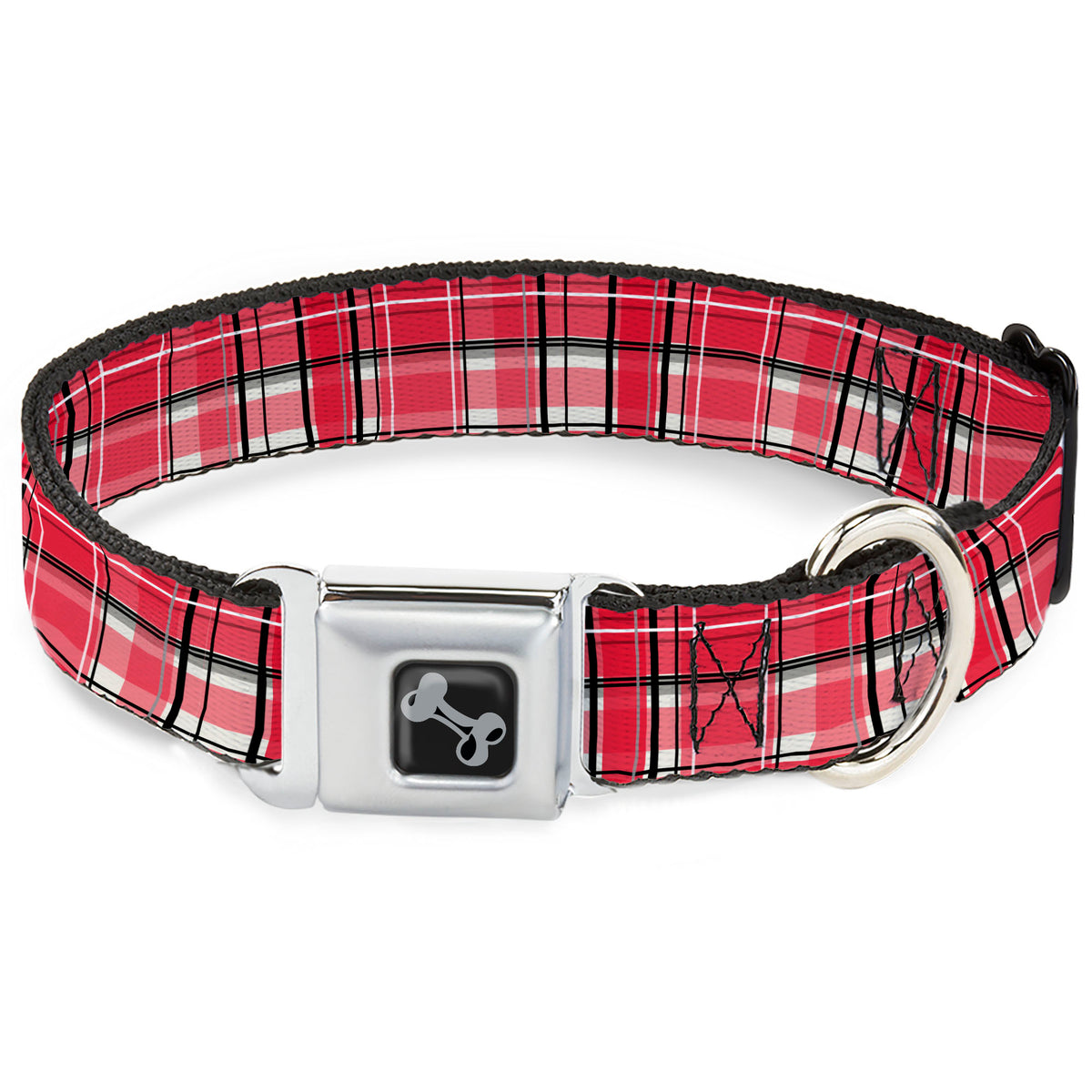Dog Bone Black/Silver Seatbelt Buckle Collar - Holiday Christmas Plaid Red/White/Black Dog Collars Seatbelt Buckle Buckle-Down