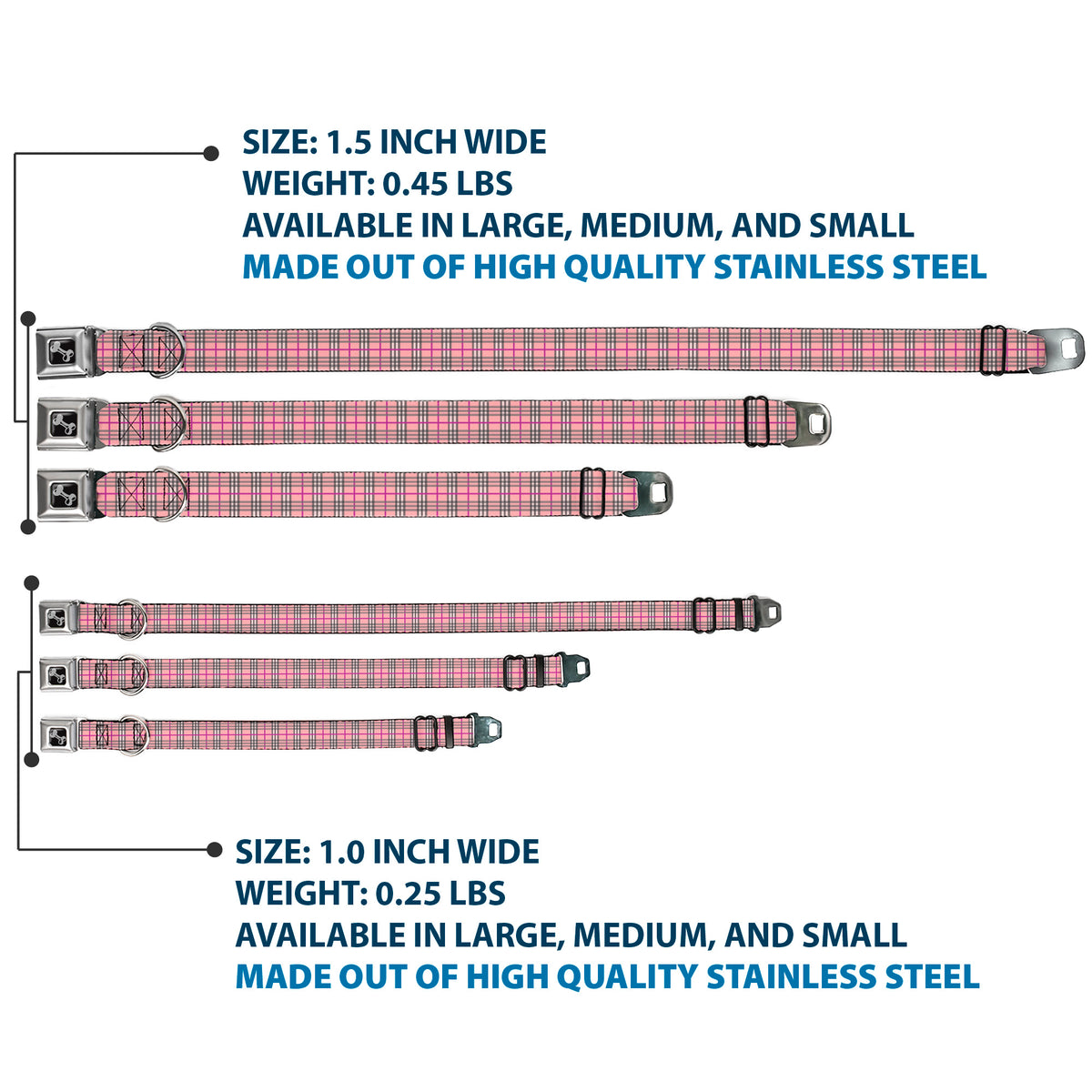 Dog Bone Seatbelt Buckle Collar - Plaid Pink Dog Collars Seatbelt Buckle Buckle-Down