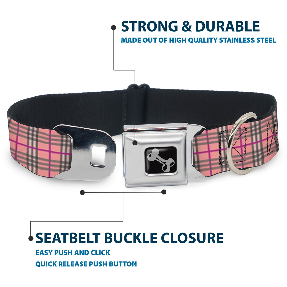 Dog Bone Seatbelt Buckle Collar - Plaid Pink Dog Collars Seatbelt Buckle Buckle-Down