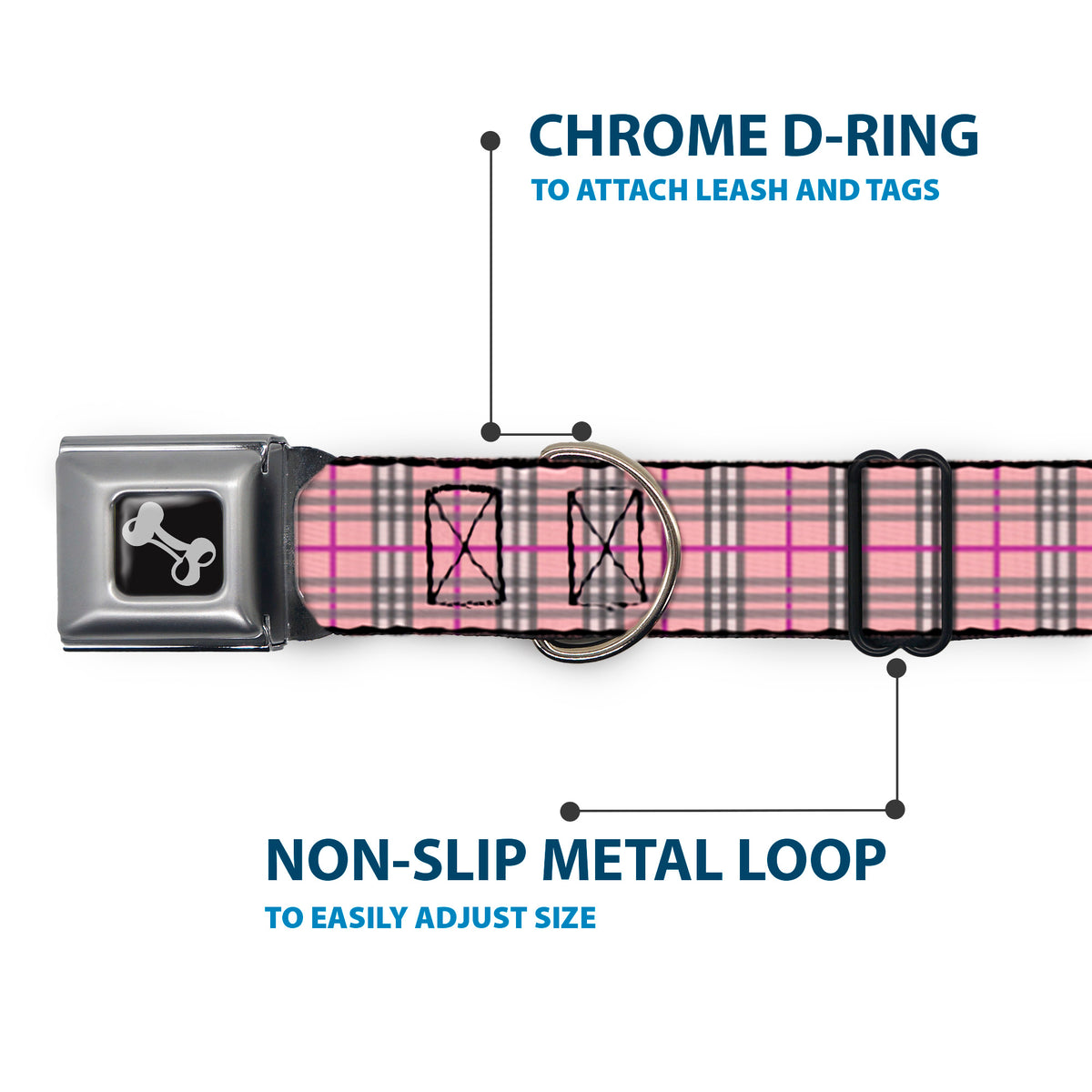 Dog Bone Seatbelt Buckle Collar - Plaid Pink Dog Collars Seatbelt Buckle Buckle-Down