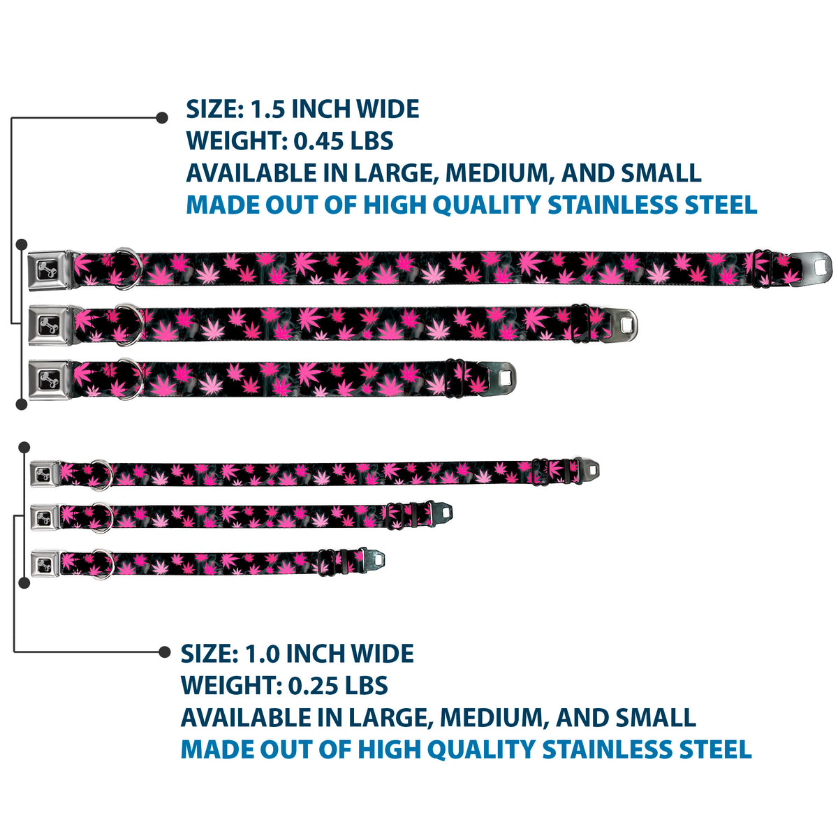 Buckle-Down Seatbelt Buckle Dog Collar - Pot Leaves/Smoke Black/Pink/White Dog Collars Seatbelt Buckle Buckle-Down