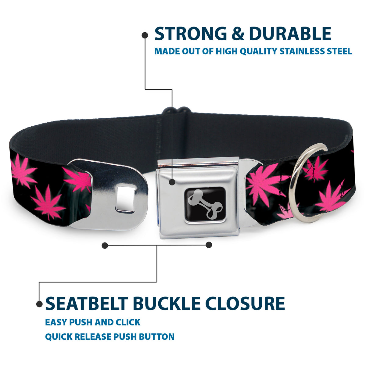 Buckle-Down Seatbelt Buckle Dog Collar - Pot Leaves/Smoke Black/Pink/White Dog Collars Seatbelt Buckle Buckle-Down