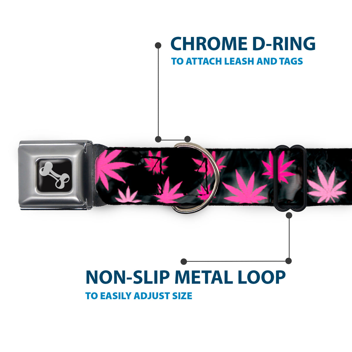 Buckle-Down Seatbelt Buckle Dog Collar - Pot Leaves/Smoke Black/Pink/White Dog Collars Seatbelt Buckle Buckle-Down