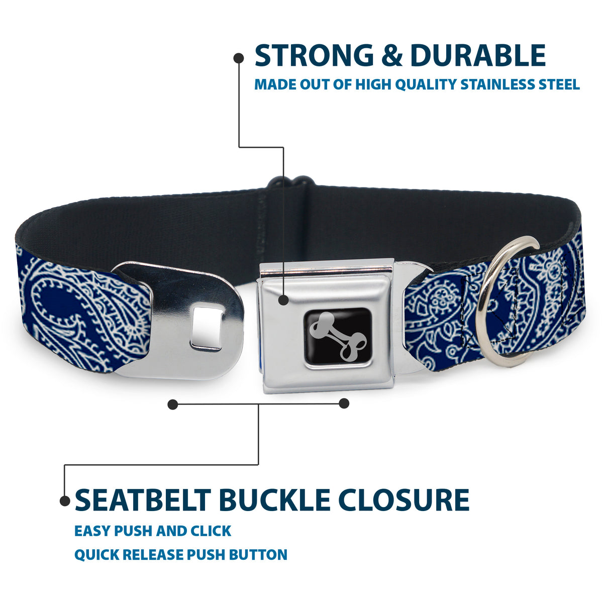 Dog Bone Seatbelt Buckle Collar - Paisley Blue/White Dog Collars Seatbelt Buckle Buckle-Down