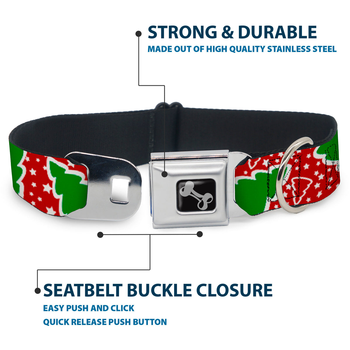 Dog Bone Seatbelt Buckle Collar - Christmas Trees/Stars Red/White/Green Dog Collars Seatbelt Buckle Buckle-Down