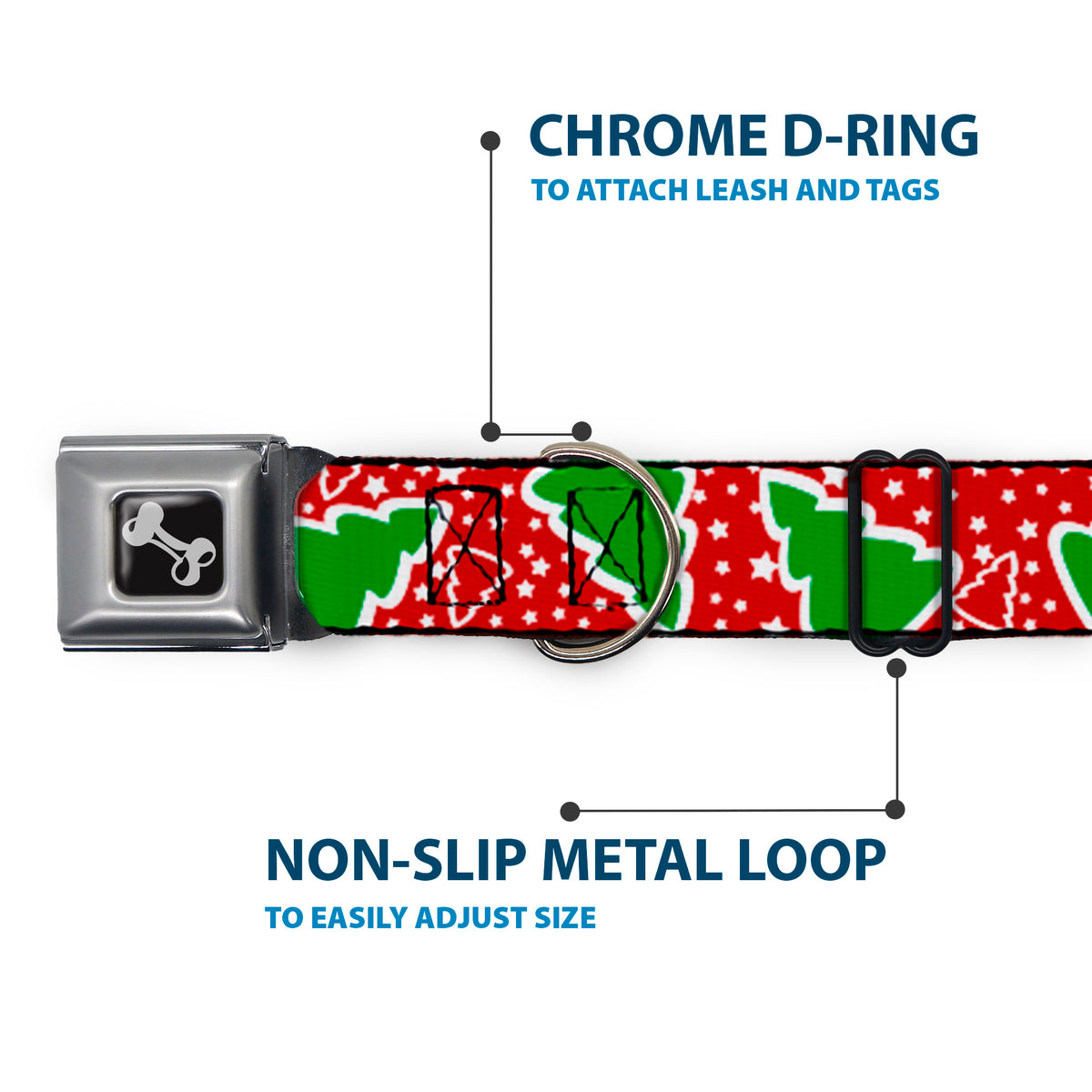 Dog Bone Seatbelt Buckle Collar - Christmas Trees/Stars Red/White/Green Dog Collars Seatbelt Buckle Buckle-Down