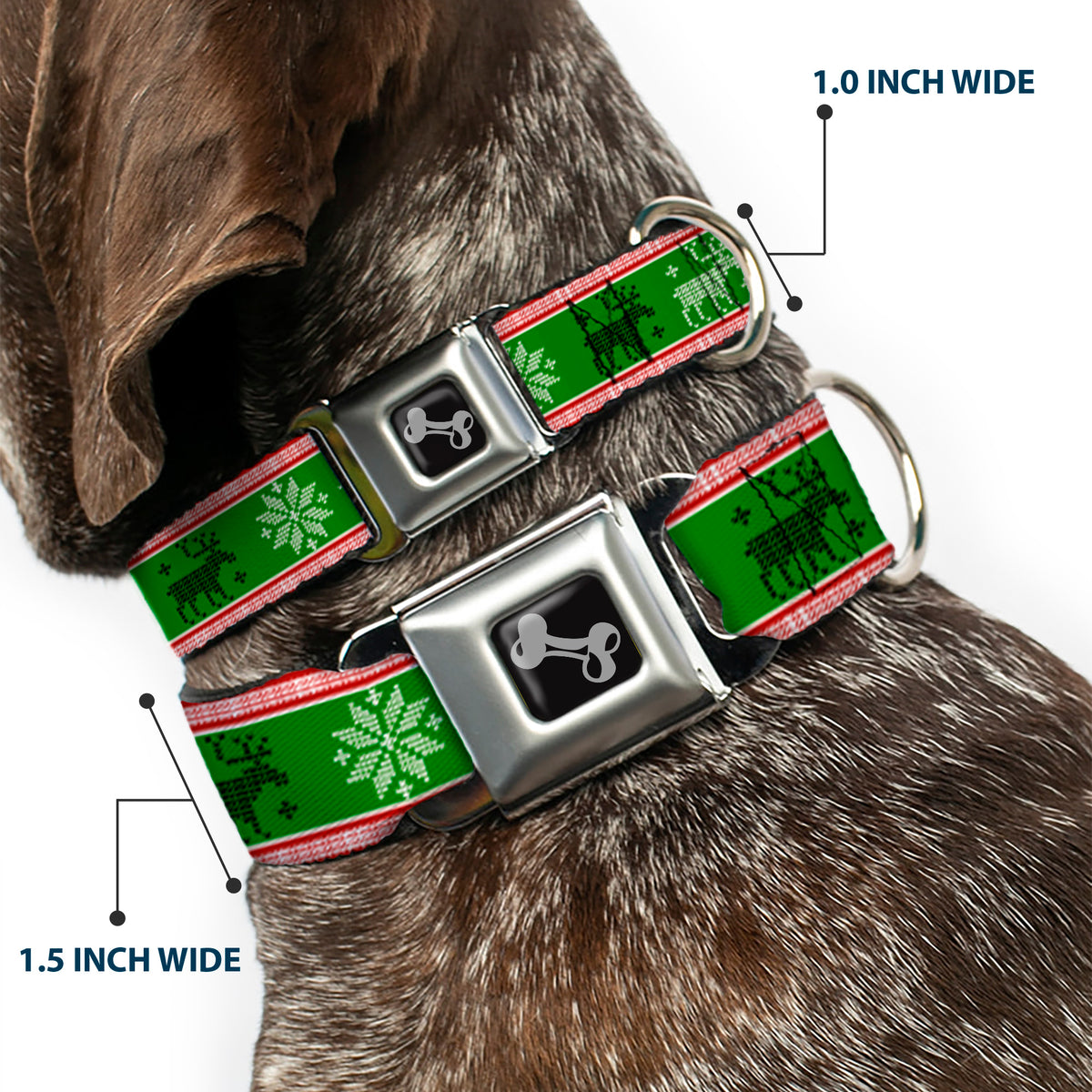 Dog Bone Seatbelt Buckle Collar - Christmas Stitch Moose/Snowflakes Red/Green Dog Collars Seatbelt Buckle Buckle-Down