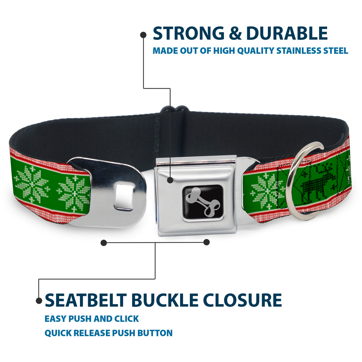 Dog Bone Seatbelt Buckle Collar - Christmas Stitch Moose/Snowflakes Red/Green Dog Collars Seatbelt Buckle Buckle-Down