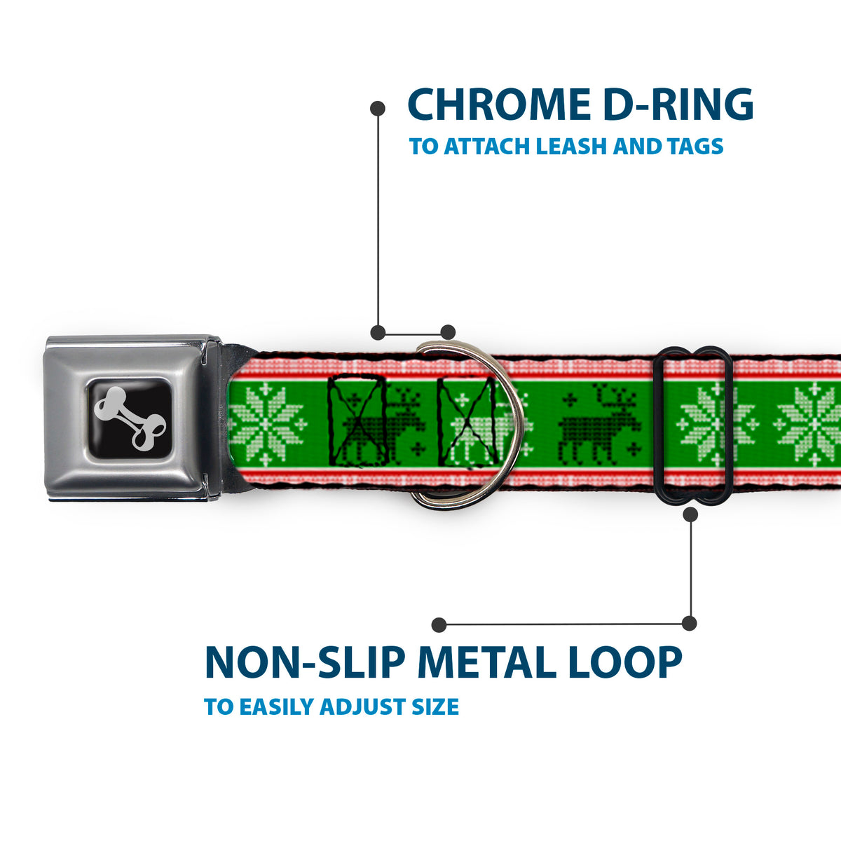 Dog Bone Seatbelt Buckle Collar - Christmas Stitch Moose/Snowflakes Red/Green Dog Collars Seatbelt Buckle Buckle-Down