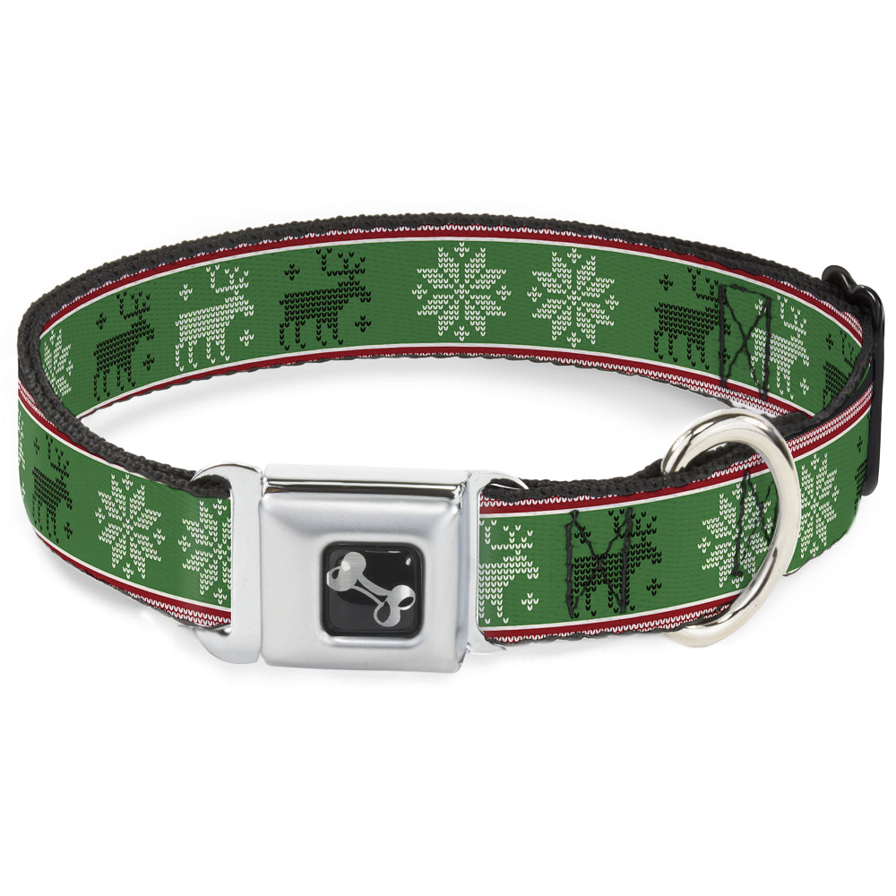Dog Bone Seatbelt Buckle Collar - Christmas Stitch Moose/Snowflakes Red/Green Dog Collars Seatbelt Buckle Buckle-Down