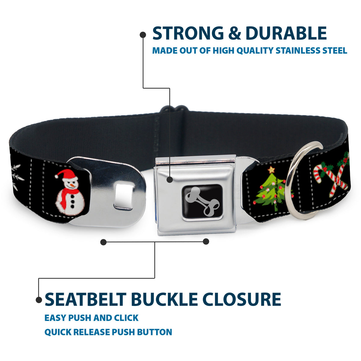 Dog Bone Seatbelt Buckle Collar - Christmas Blocks Black/White/Multi Color Dog Collars Seatbelt Buckle Buckle-Down