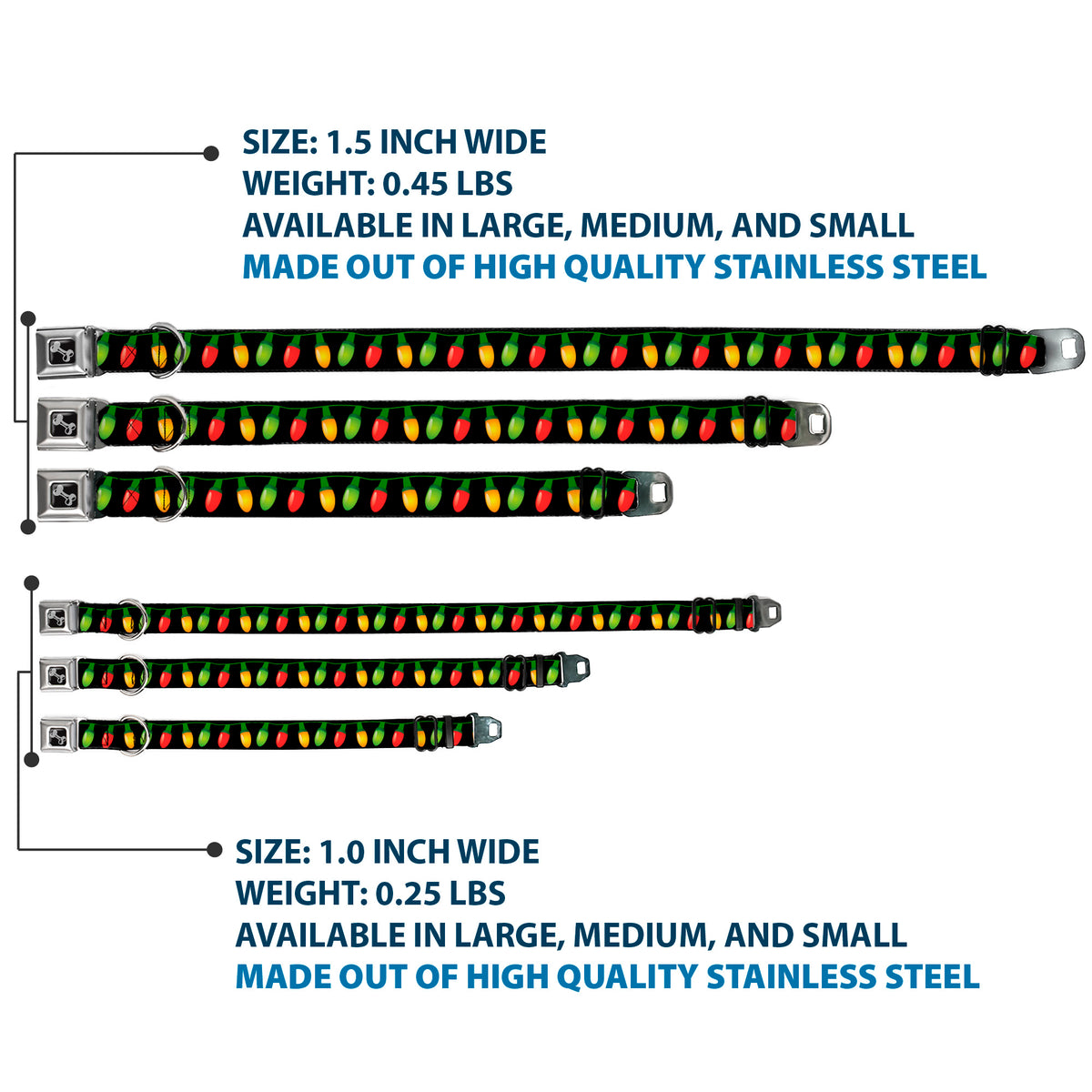 Dog Bone Seatbelt Buckle Collar - Christmas Lights Black/Multi Color Dog Collars Seatbelt Buckle Buckle-Down