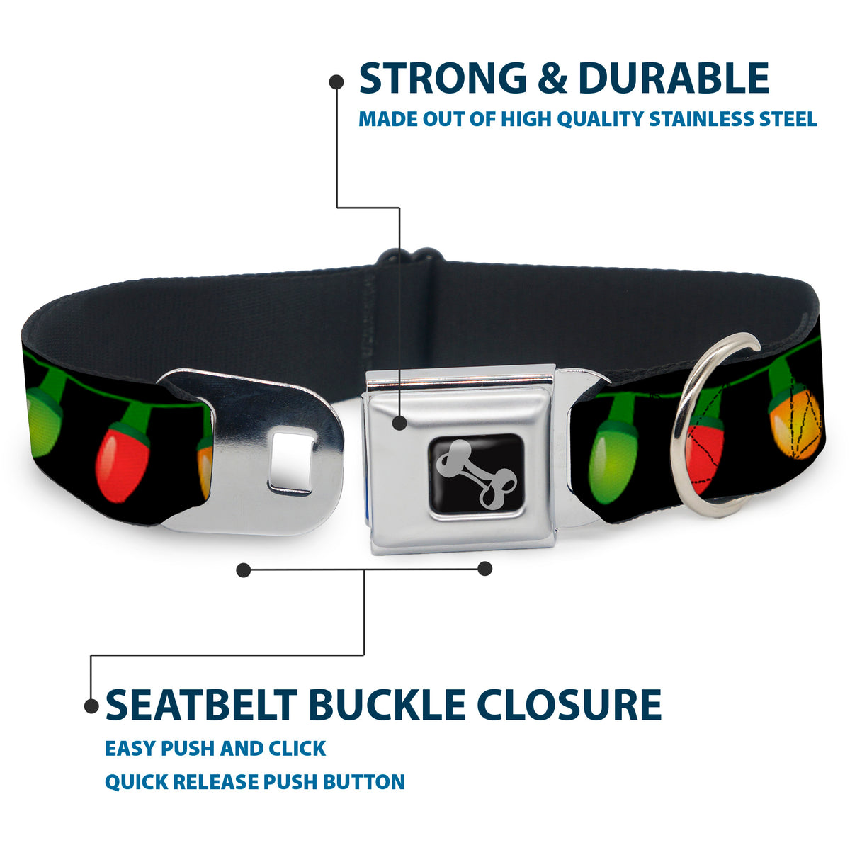 Dog Bone Seatbelt Buckle Collar - Christmas Lights Black/Multi Color Dog Collars Seatbelt Buckle Buckle-Down