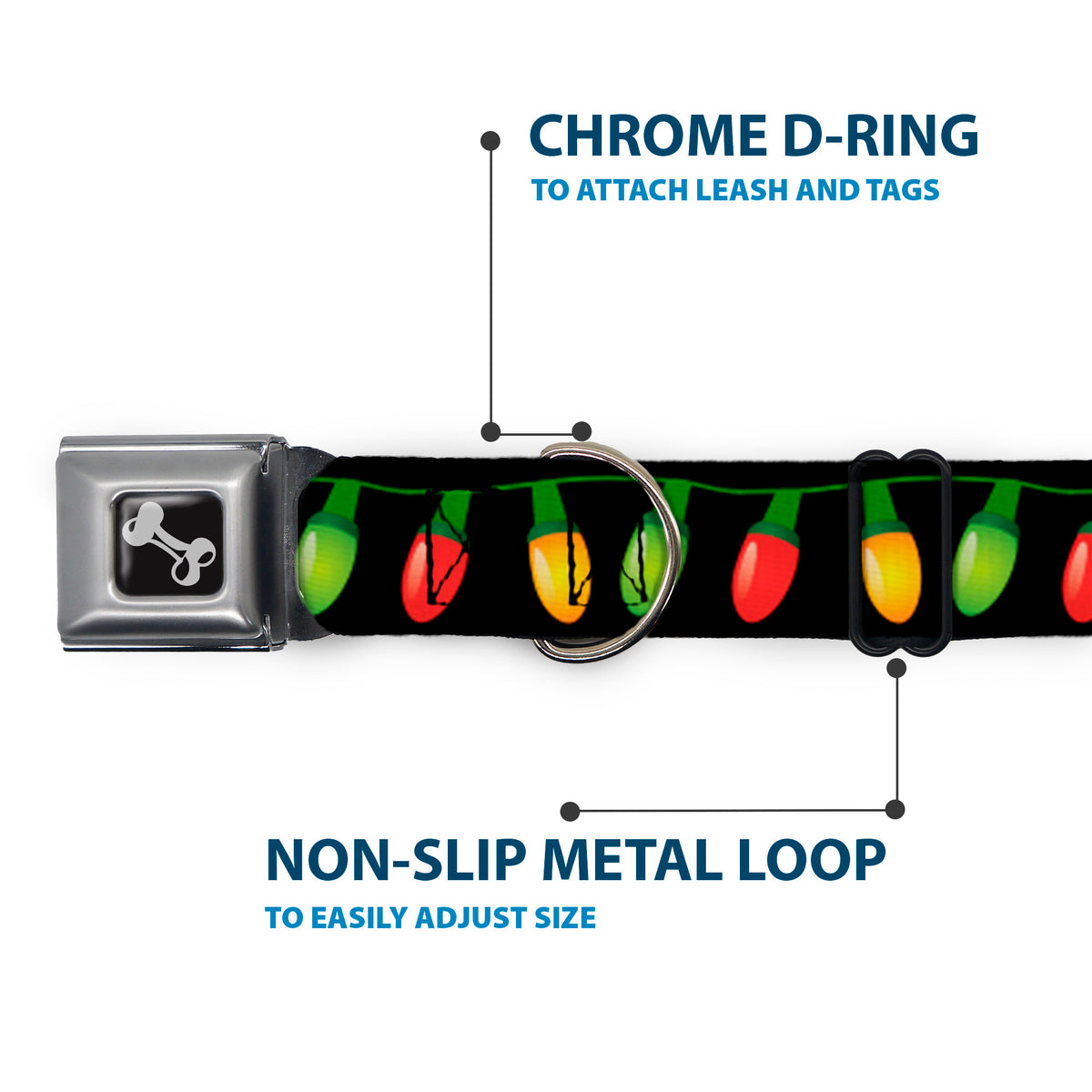 Dog Bone Seatbelt Buckle Collar - Christmas Lights Black/Multi Color Dog Collars Seatbelt Buckle Buckle-Down