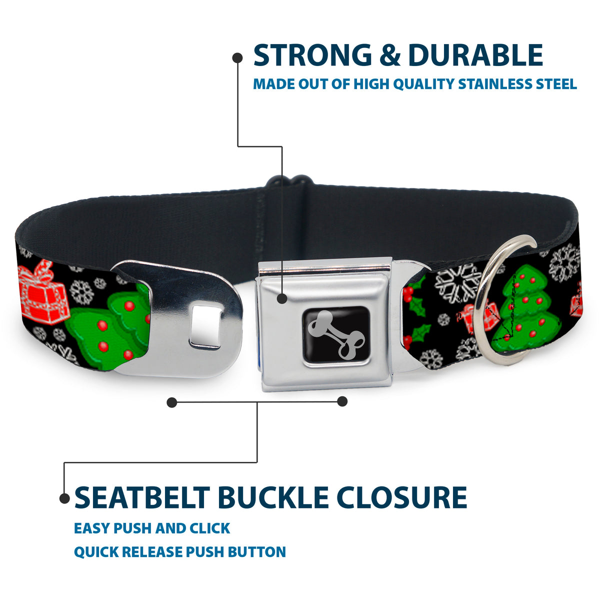 Dog Bone Seatbelt Buckle Collar - Christmas Collage Black/White/Green/Red Dog Collars Seatbelt Buckle Buckle-Down