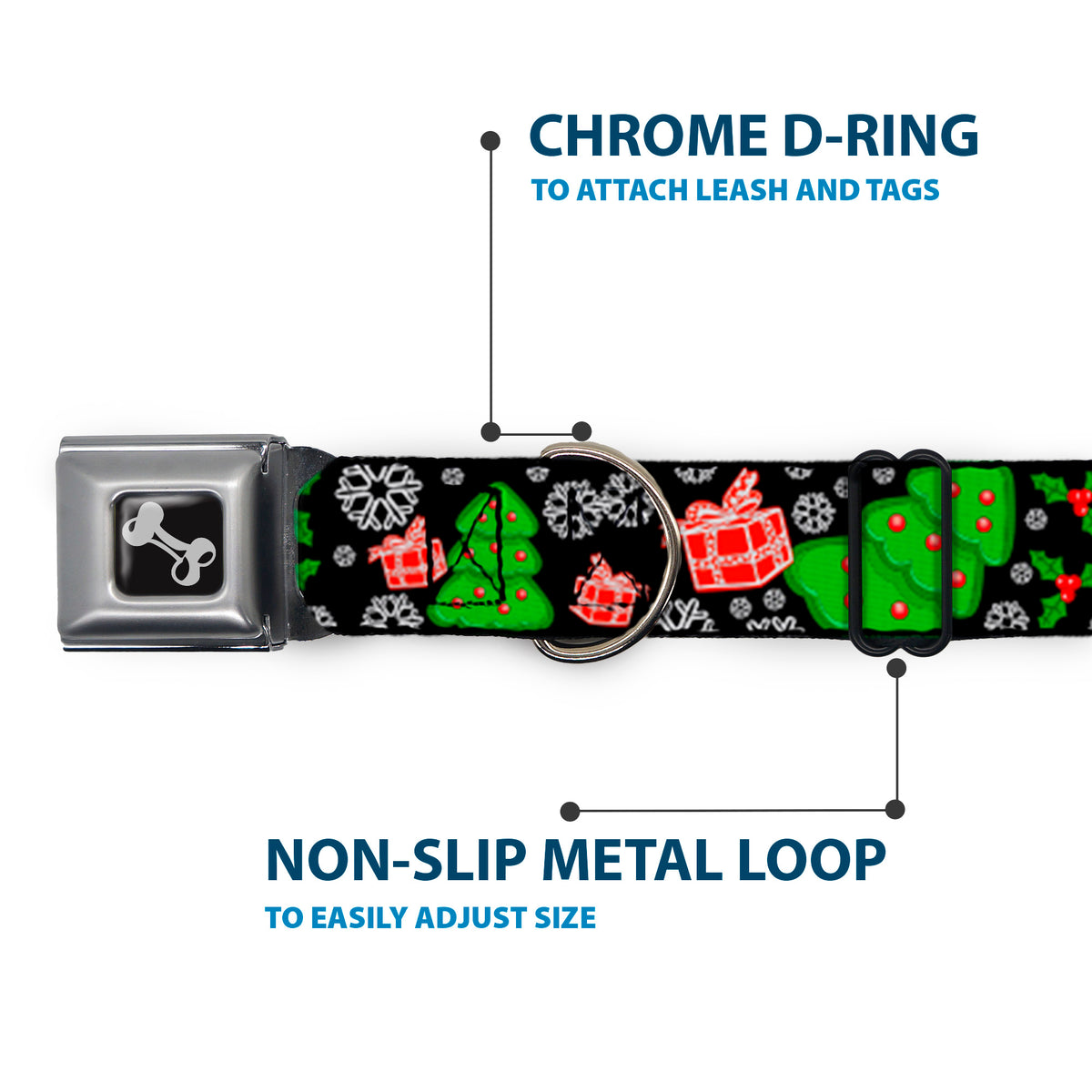 Dog Bone Seatbelt Buckle Collar - Christmas Collage Black/White/Green/Red Dog Collars Seatbelt Buckle Buckle-Down
