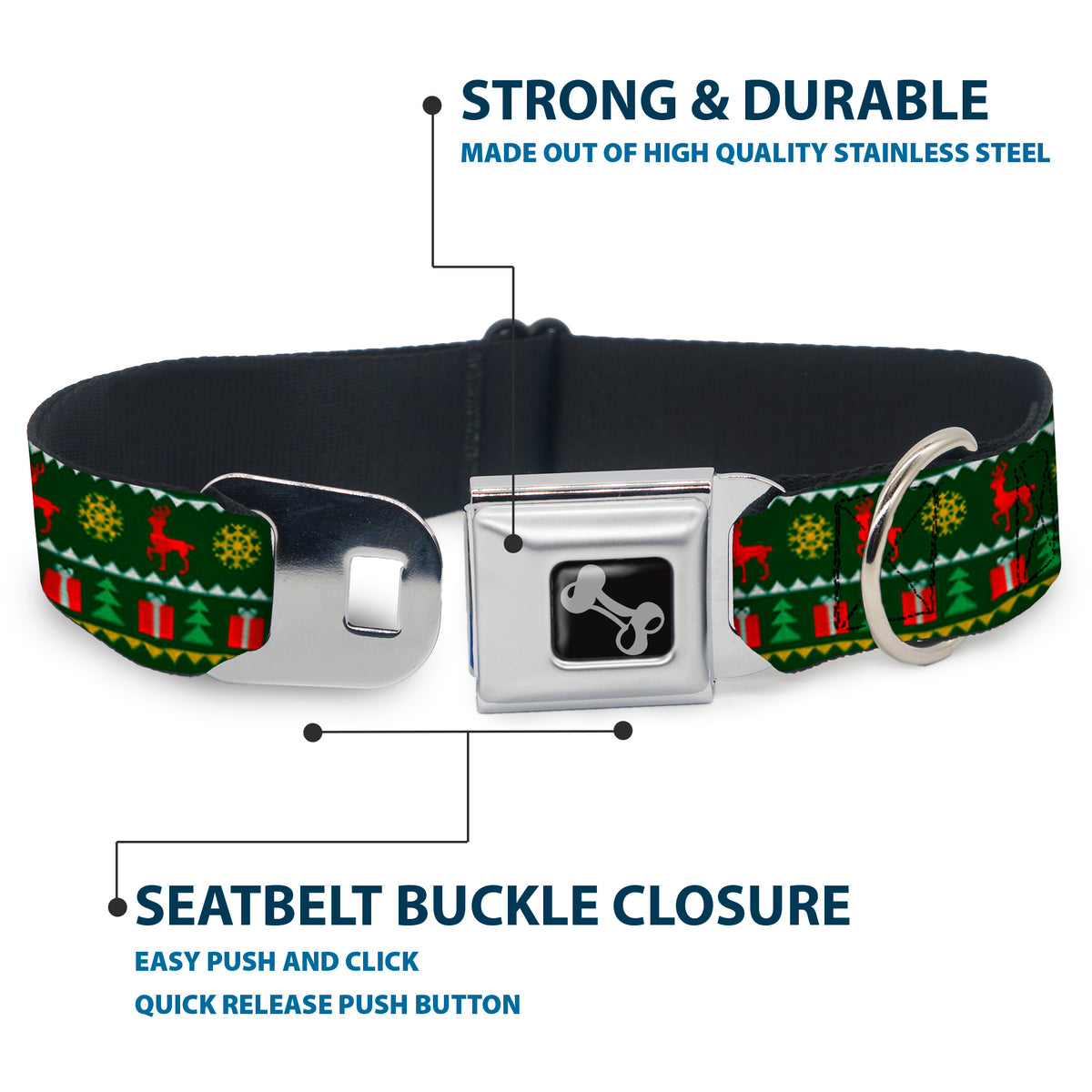 Dog Bone Seatbelt Buckle Collar - Christmas Sweater Stitch Green/White/Gold/Red Dog Collars Seatbelt Buckle Buckle-Down