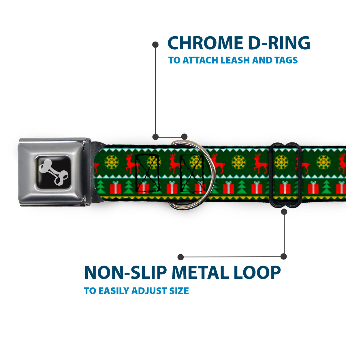 Dog Bone Seatbelt Buckle Collar - Christmas Sweater Stitch Green/White/Gold/Red Dog Collars Seatbelt Buckle Buckle-Down