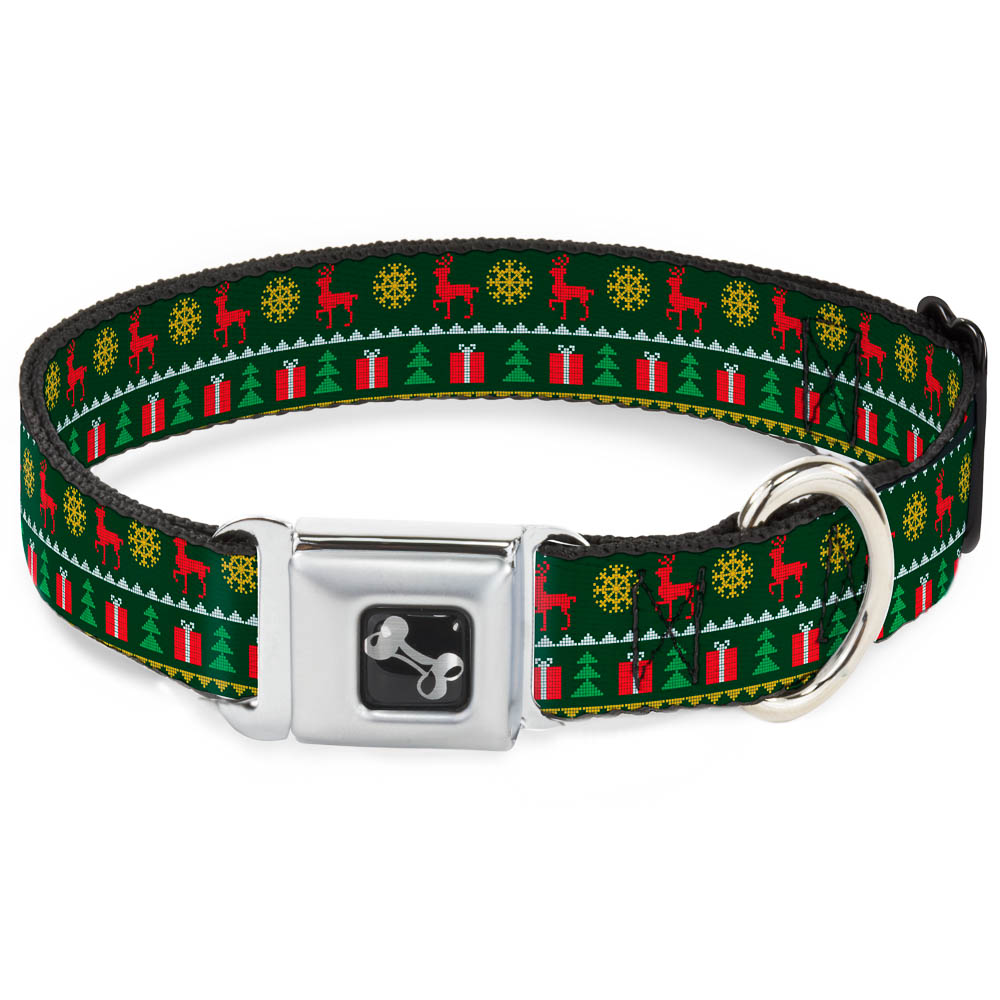 Dog Bone Seatbelt Buckle Collar - Christmas Sweater Stitch Green/White/Gold/Red Dog Collars Seatbelt Buckle Buckle-Down