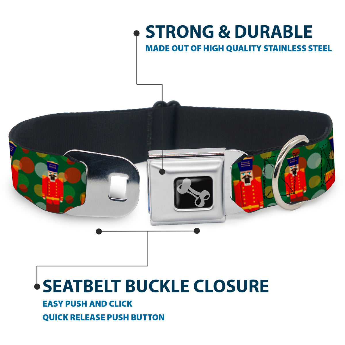 Dog Bone Seatbelt Buckle Collar - Christmas Nutcracker/Polka Dots Greens/Gold/Red Dog Collars Seatbelt Buckle Buckle-Down