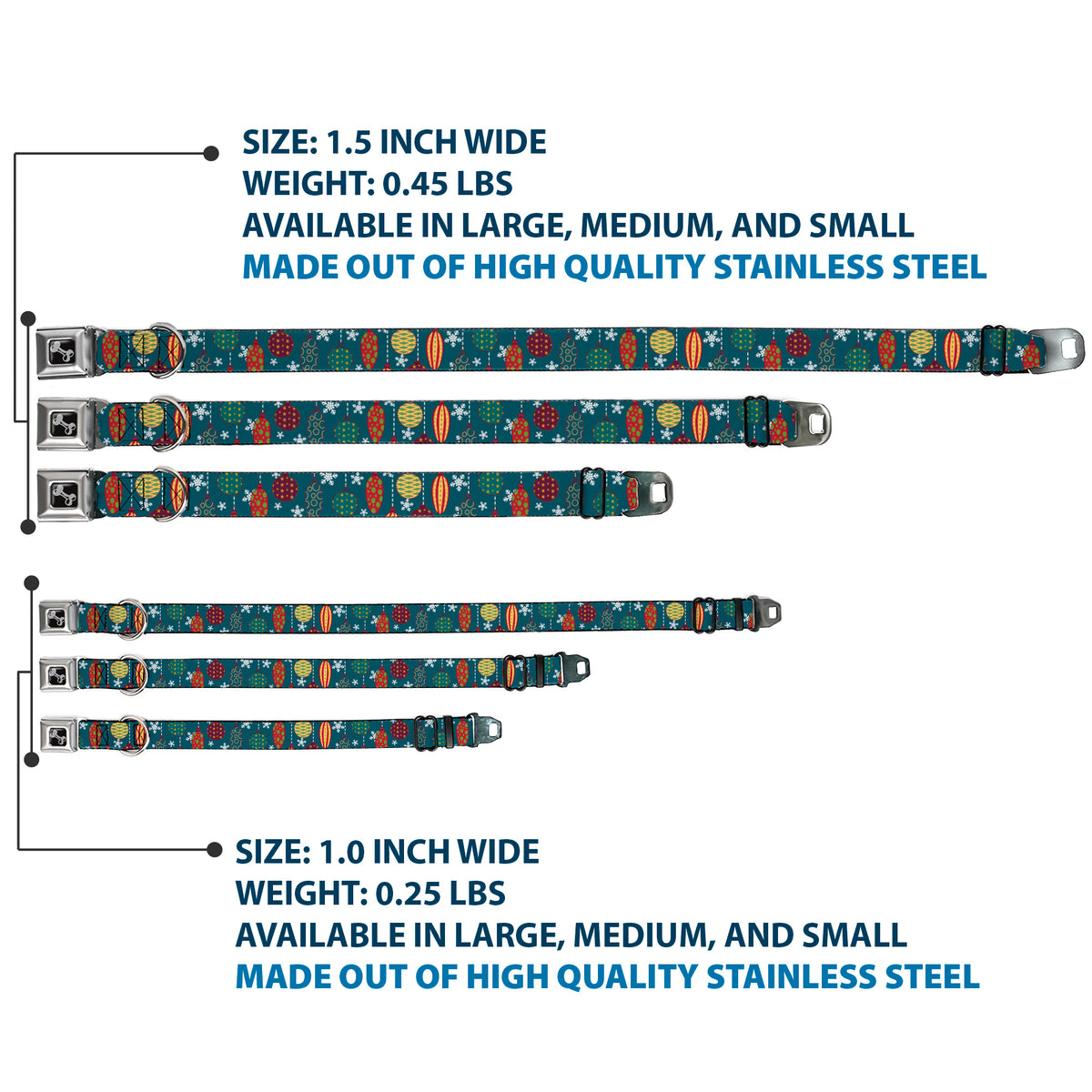 Dog Bone Seatbelt Buckle Collar - Christmas Ornaments/Snowflakes Blue/White/Multi Color Dog Collars Seatbelt Buckle Buckle-Down