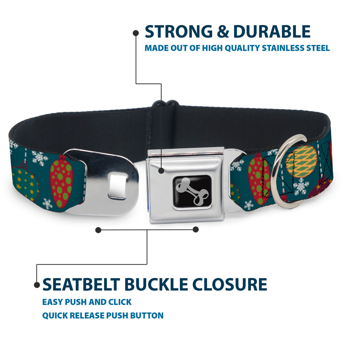Dog Bone Seatbelt Buckle Collar - Christmas Ornaments/Snowflakes Blue/White/Multi Color Dog Collars Seatbelt Buckle Buckle-Down