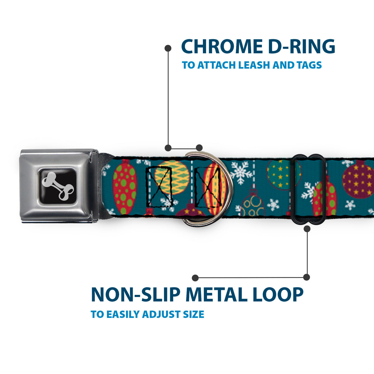 Dog Bone Seatbelt Buckle Collar - Christmas Ornaments/Snowflakes Blue/White/Multi Color Dog Collars Seatbelt Buckle Buckle-Down
