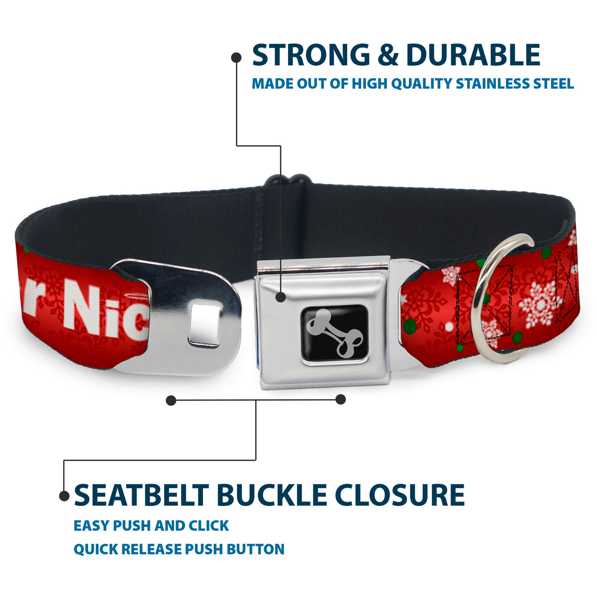 Dog Bone Seatbelt Buckle Collar - Christmas NAUGHTY OR NICE/Snowflakes Reds/White/Green Dog Collars Seatbelt Buckle Buckle-Down