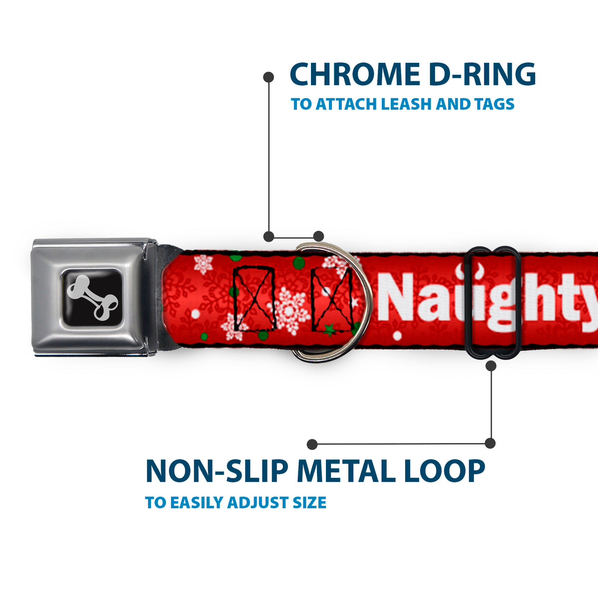 Dog Bone Seatbelt Buckle Collar - Christmas NAUGHTY OR NICE/Snowflakes Reds/White/Green Dog Collars Seatbelt Buckle Buckle-Down