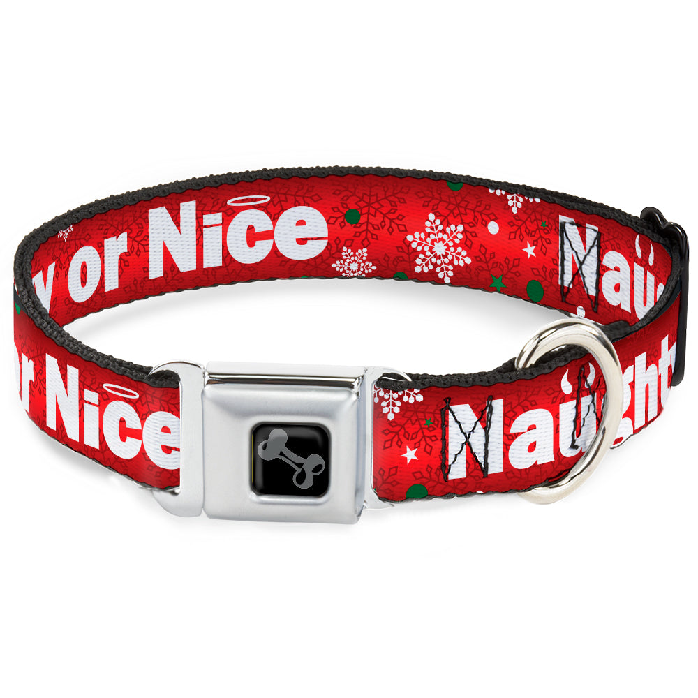 Dog Bone Seatbelt Buckle Collar - Christmas NAUGHTY OR NICE/Snowflakes Reds/White/Green Dog Collars Seatbelt Buckle Buckle-Down