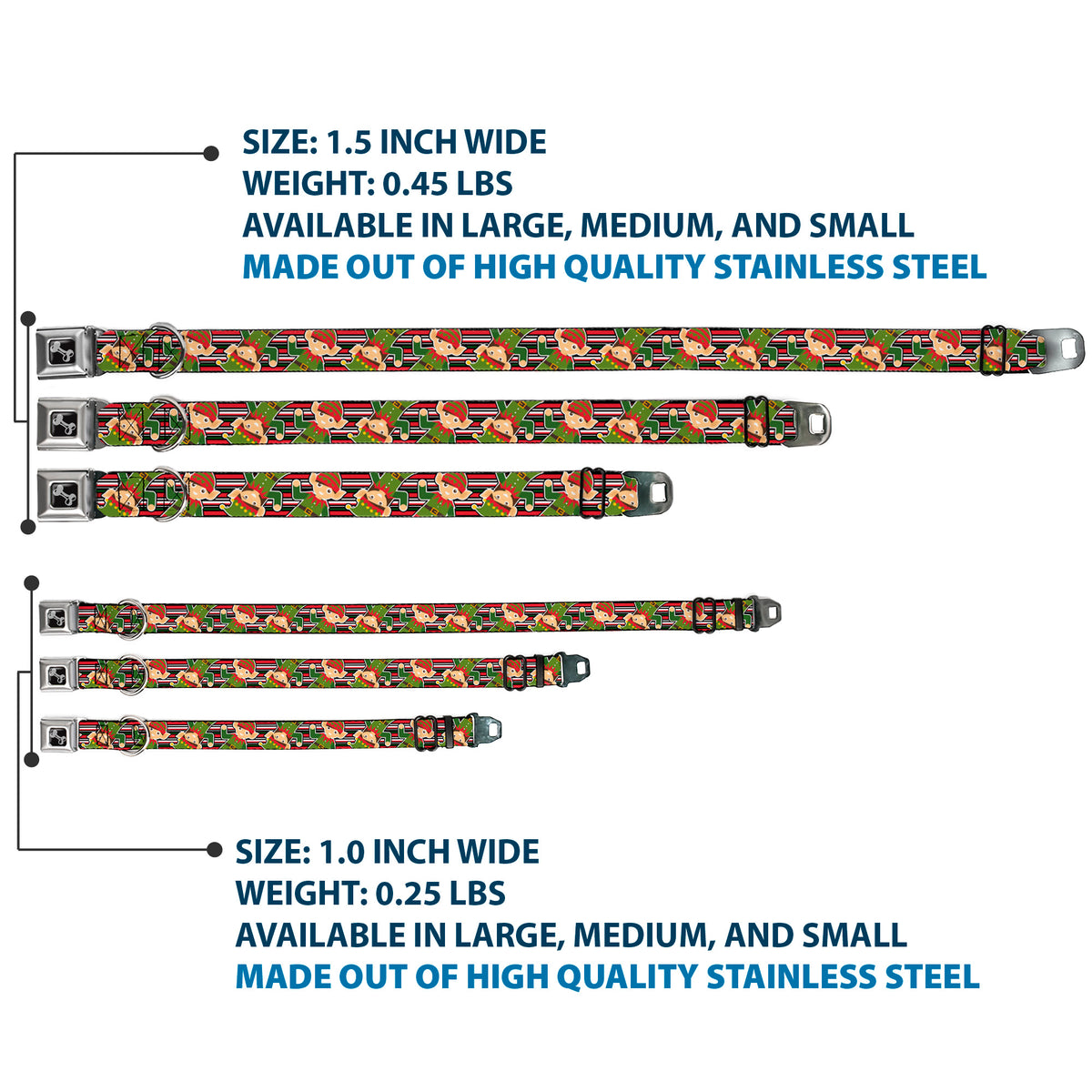 Dog Bone Seatbelt Buckle Collar - Christmas Elves/Stripes Black/Red/White/Green Dog Collars Seatbelt Buckle Buckle-Down