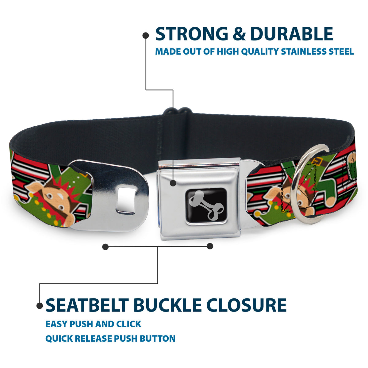 Dog Bone Seatbelt Buckle Collar - Christmas Elves/Stripes Black/Red/White/Green Dog Collars Seatbelt Buckle Buckle-Down