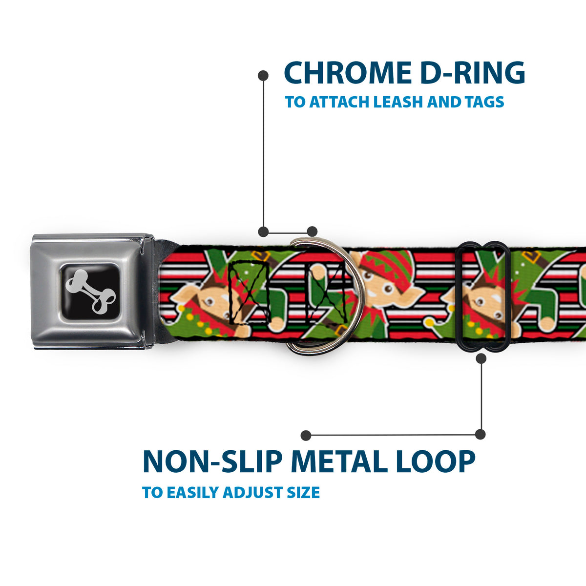 Dog Bone Seatbelt Buckle Collar - Christmas Elves/Stripes Black/Red/White/Green Dog Collars Seatbelt Buckle Buckle-Down