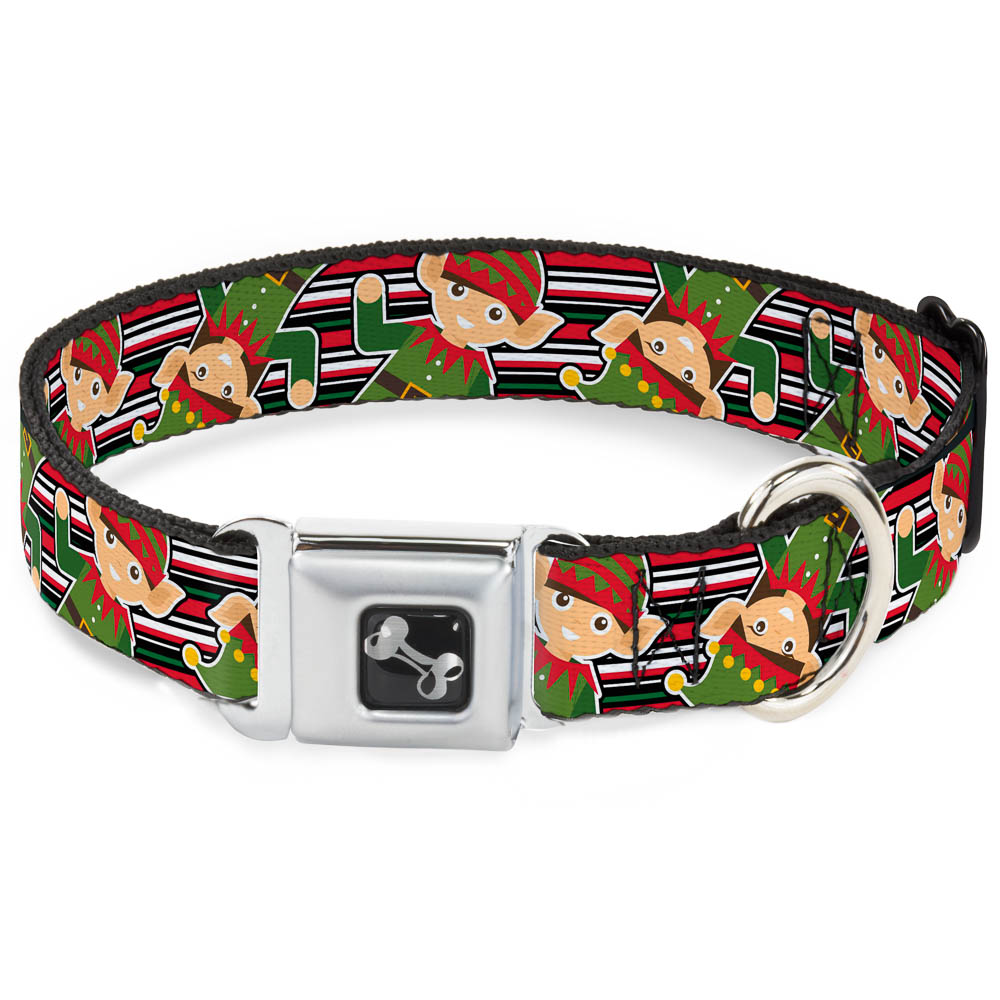 Dog Bone Seatbelt Buckle Collar - Christmas Elves/Stripes Black/Red/White/Green Dog Collars Seatbelt Buckle Buckle-Down