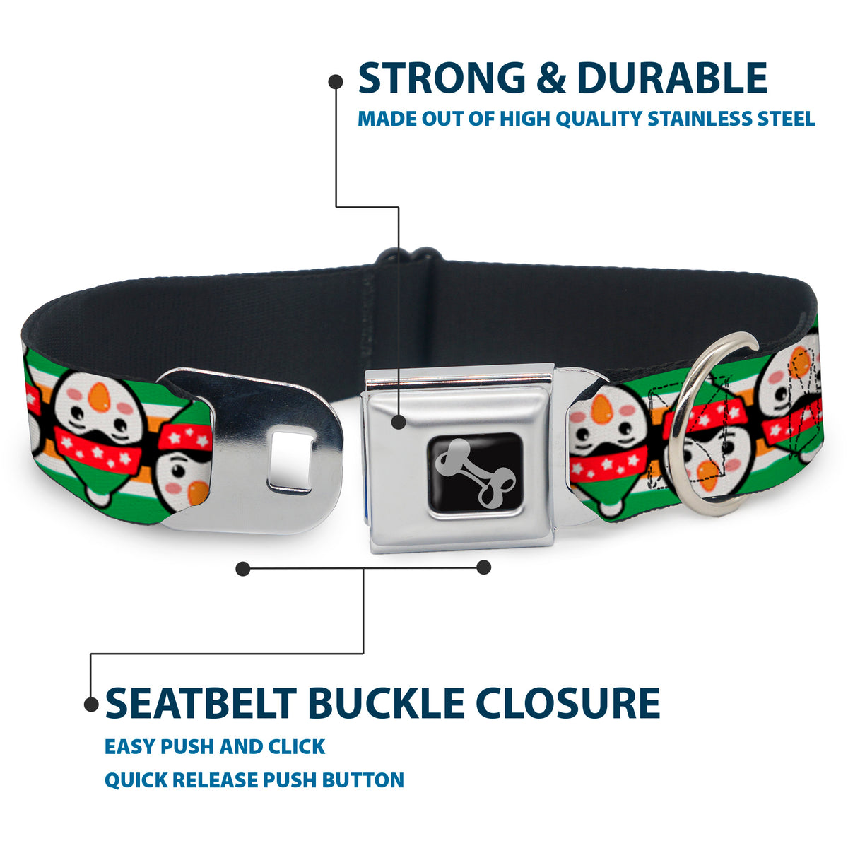 Dog Bone Black/Silver Seatbelt Buckle Collar - Christmas Penguin Flip/Stripe Green/White/Orange/Black Dog Collars Seatbelt Buckle Buckle-Down