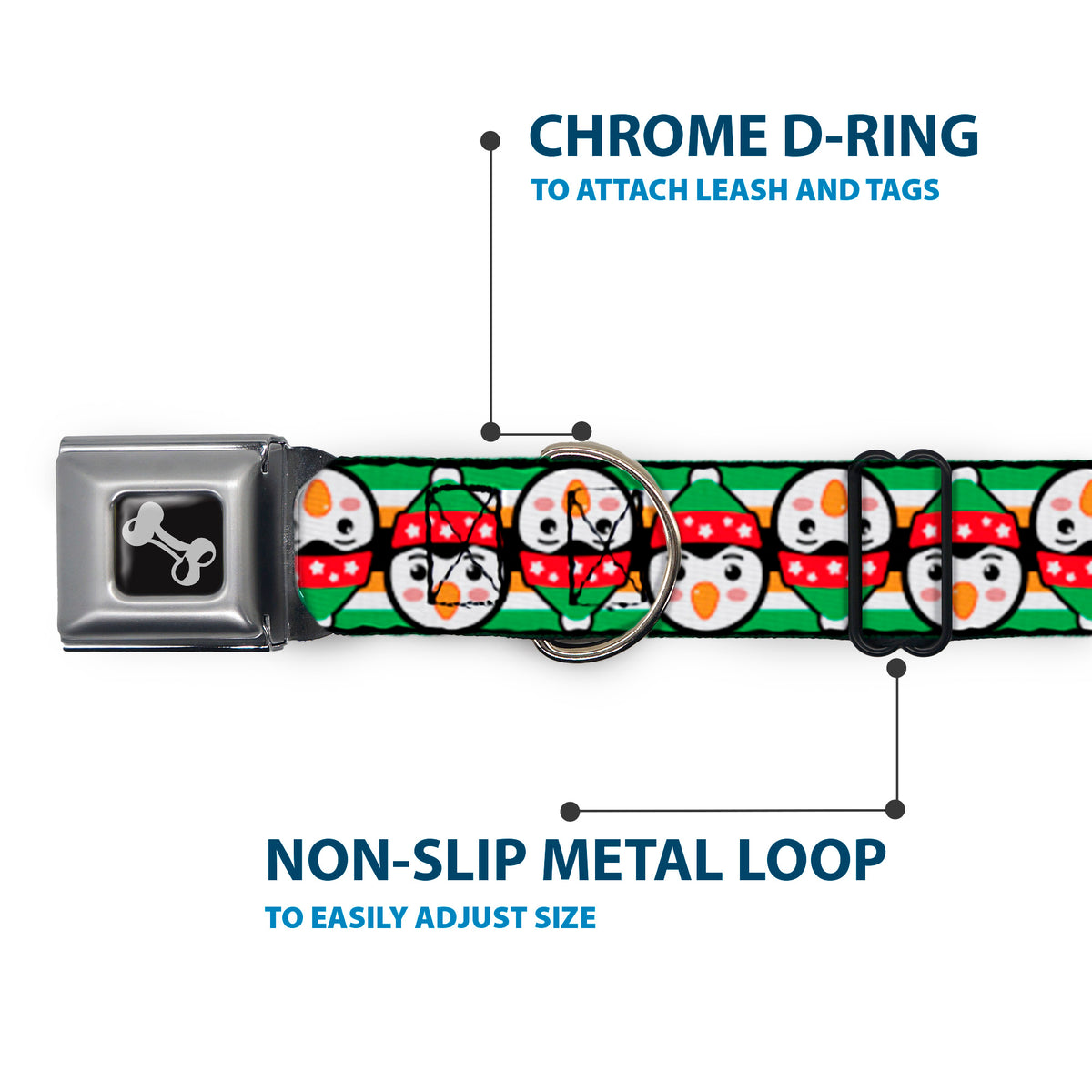 Dog Bone Black/Silver Seatbelt Buckle Collar - Christmas Penguin Flip/Stripe Green/White/Orange/Black Dog Collars Seatbelt Buckle Buckle-Down