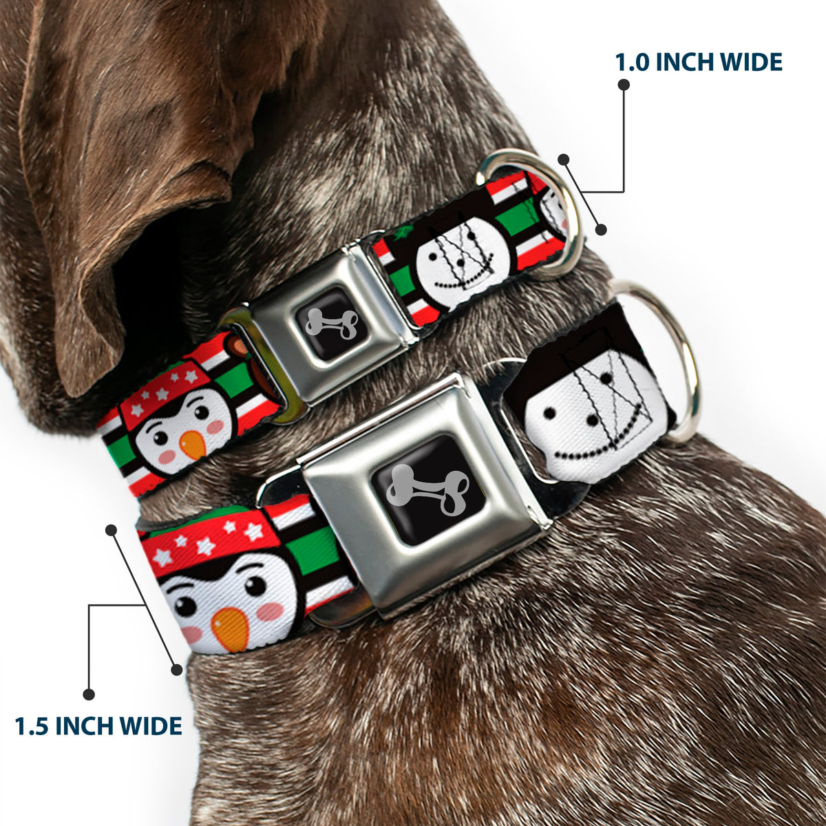 Dog Bone Black/Silver Seatbelt Buckle Collar - Christmas Penguin/Reindeer/Snowman Stripe Red/White/Black/Green Dog Collars Seatbelt Buckle Buckle-Down