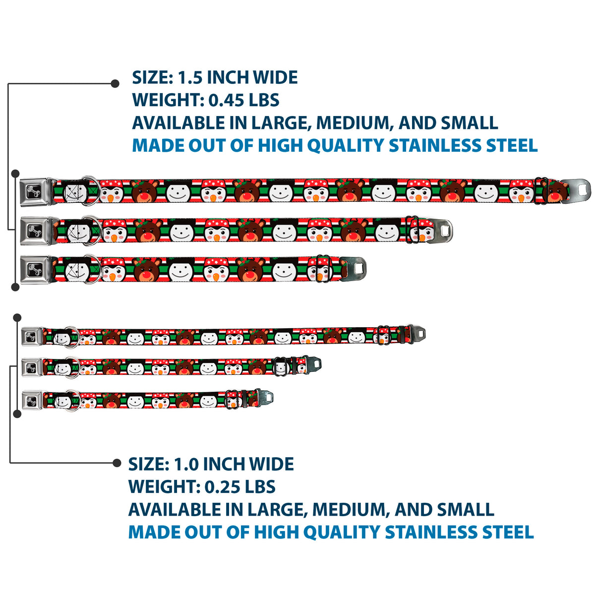 Dog Bone Black/Silver Seatbelt Buckle Collar - Christmas Penguin/Reindeer/Snowman Stripe Red/White/Black/Green Dog Collars Seatbelt Buckle Buckle-Down
