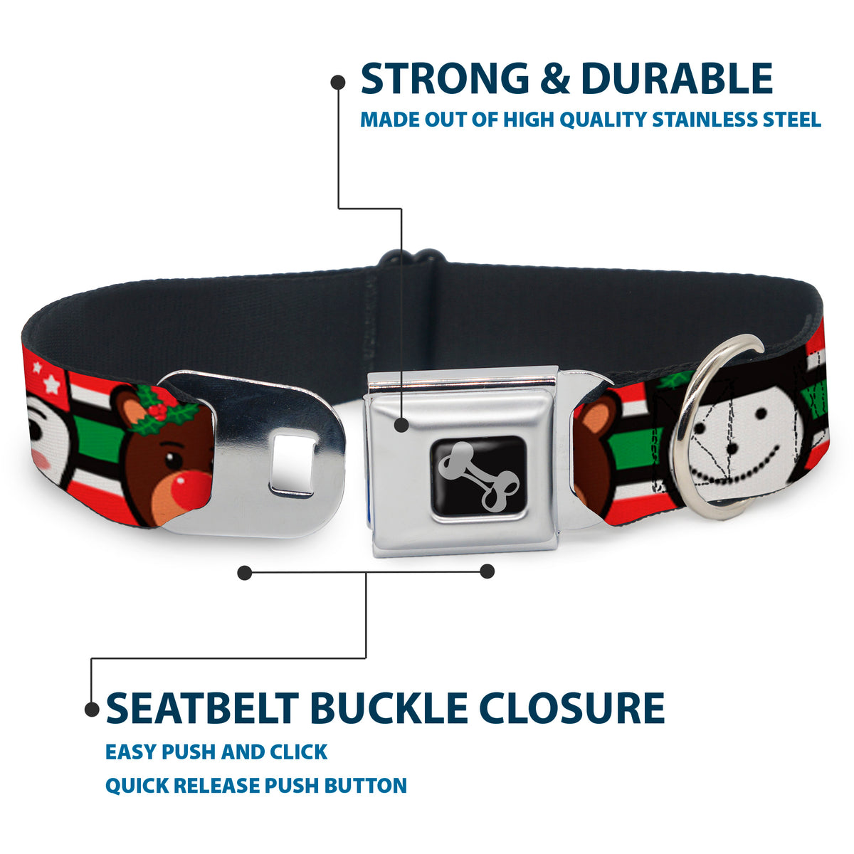 Dog Bone Black/Silver Seatbelt Buckle Collar - Christmas Penguin/Reindeer/Snowman Stripe Red/White/Black/Green Dog Collars Seatbelt Buckle Buckle-Down
