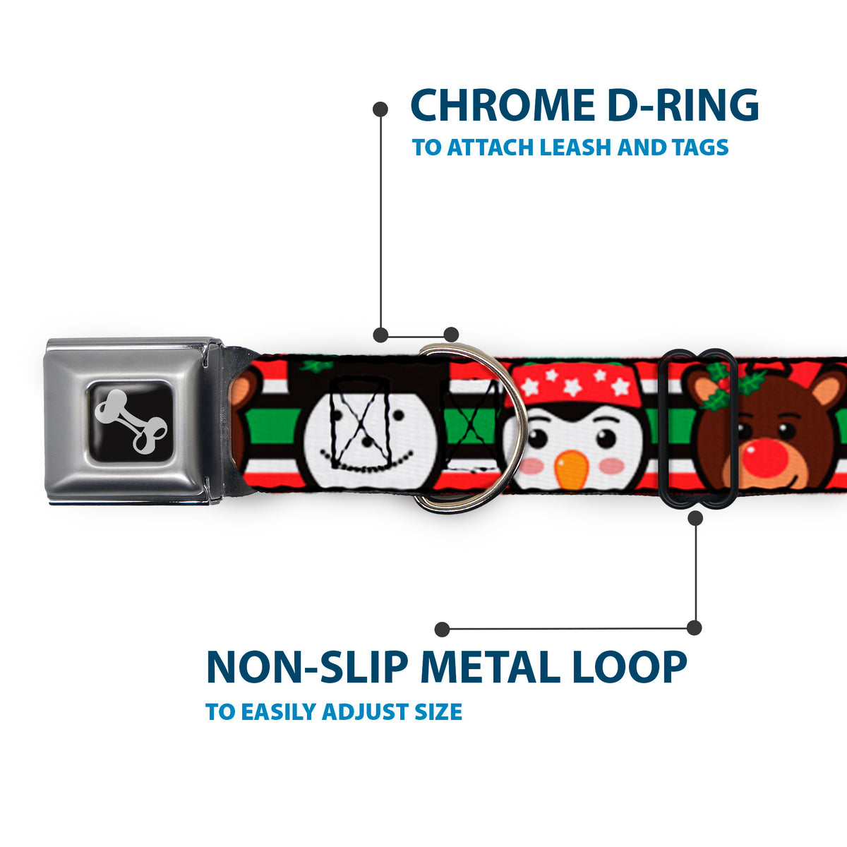 Dog Bone Black/Silver Seatbelt Buckle Collar - Christmas Penguin/Reindeer/Snowman Stripe Red/White/Black/Green Dog Collars Seatbelt Buckle Buckle-Down