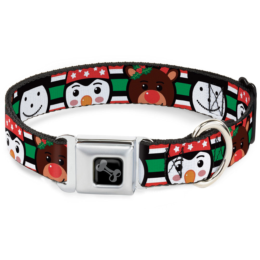 Dog Bone Black/Silver Seatbelt Buckle Collar - Christmas Penguin/Reindeer/Snowman Stripe Red/White/Black/Green Dog Collars Seatbelt Buckle Buckle-Down