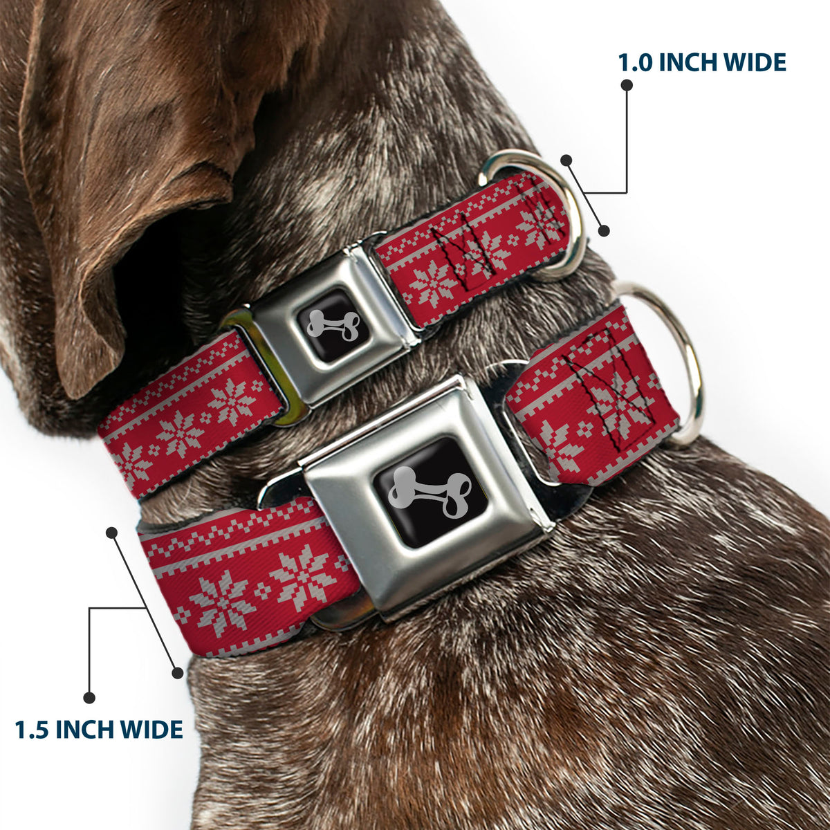 Dog Bone Black/Silver Seatbelt Buckle Collar - Christmas Holiday Fair Isle Stitch Pattern Red/White Dog Collars Seatbelt Buckle Buckle-Down