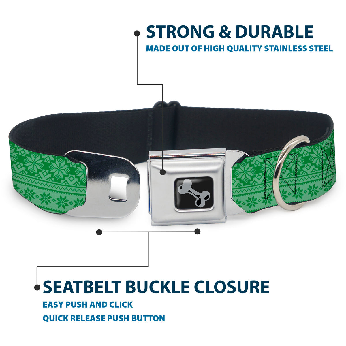 Dog Bone Black/Silver Seatbelt Buckle Collar - Christmas Holiday Fair Isle Stitch Pattern Greens Dog Collars Seatbelt Buckle Buckle-Down